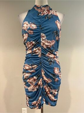 Blue Floral Ruched Halter mini Dress size large/extra large
